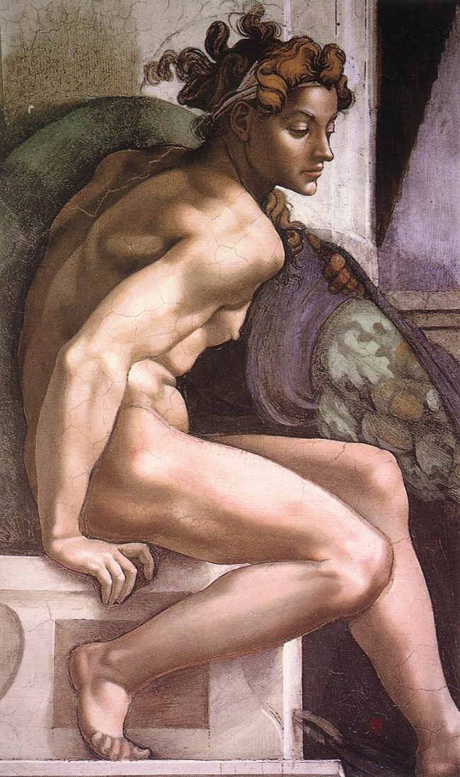 Ignudo de la bóveda de la Capilla Sixtina de Miguel Ángel, detalle tras la restauración