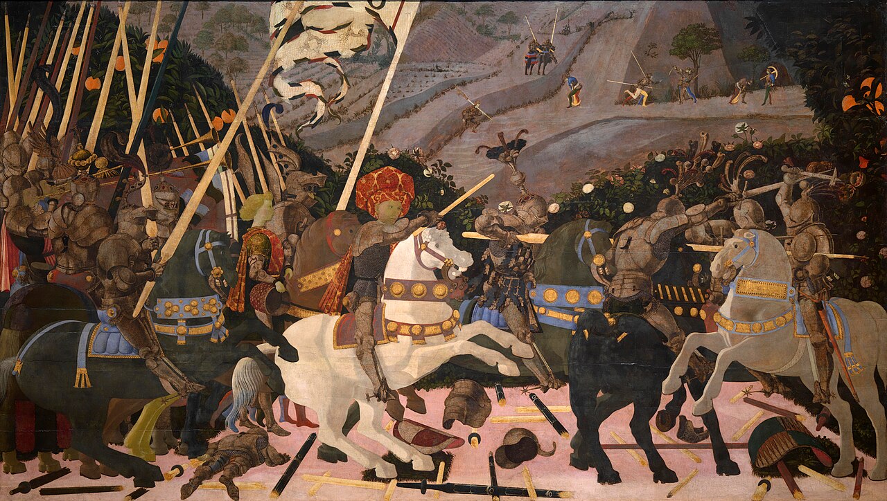 La batalla de San Romano, Paolo Uccello — ennegrecimiento documentado del bermellón en las riendas