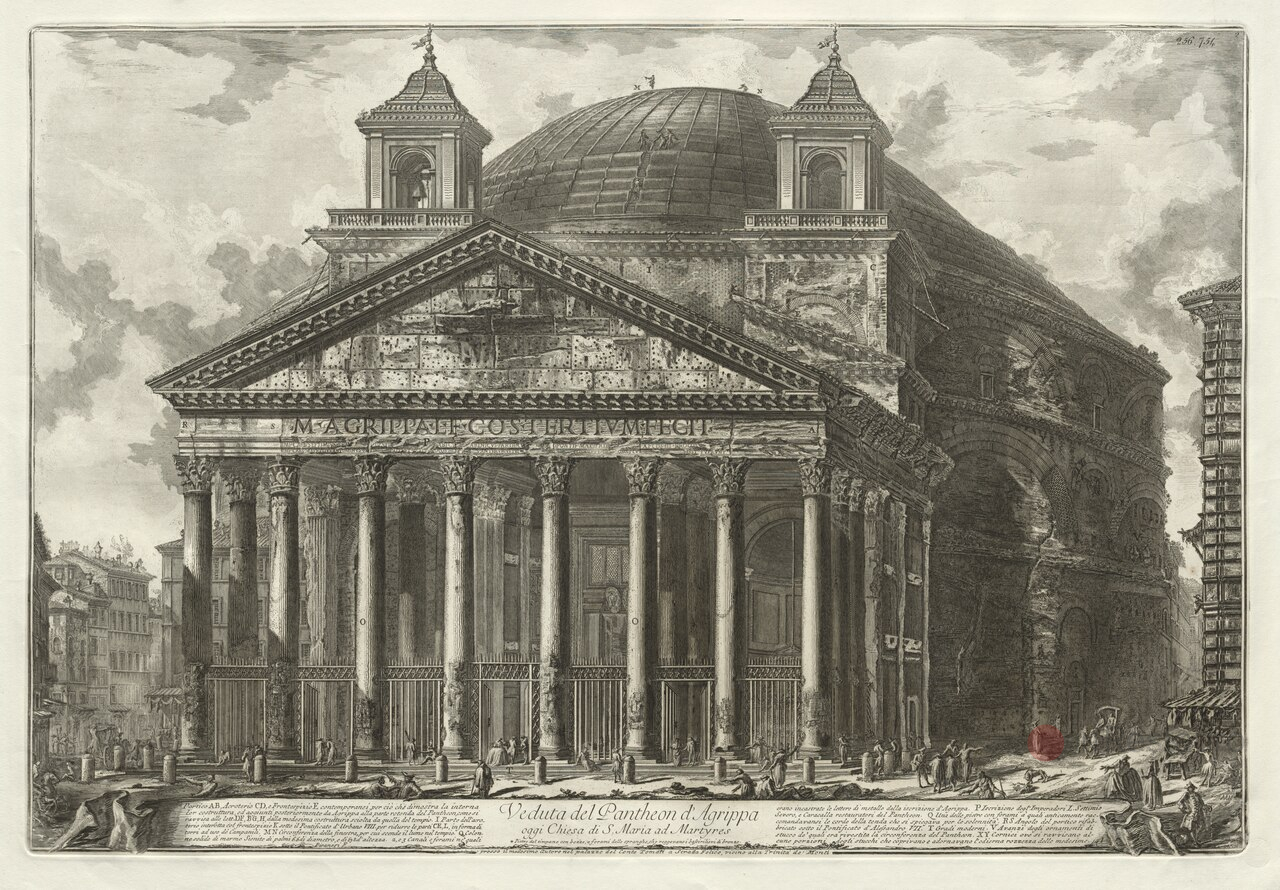 Piranesi — Vista del Panteón — Vedute di Roma 1761 — estado del monumento en el siglo XVIII