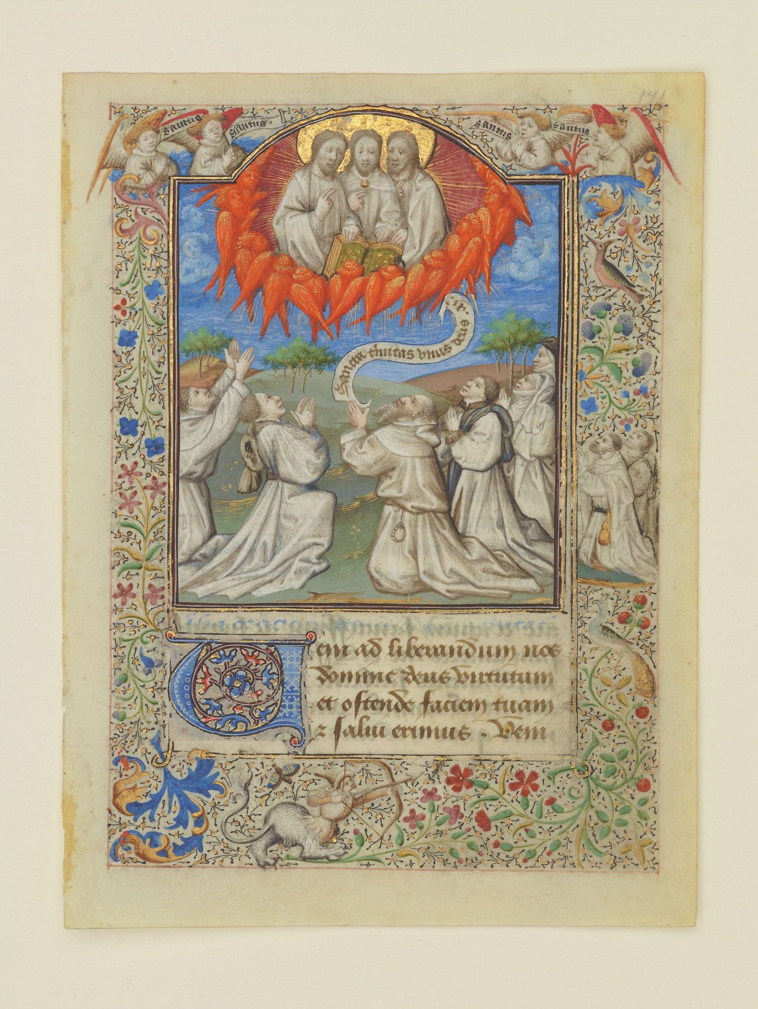 Manuscrito iluminado medieval con uso de minio en letras capitulares
