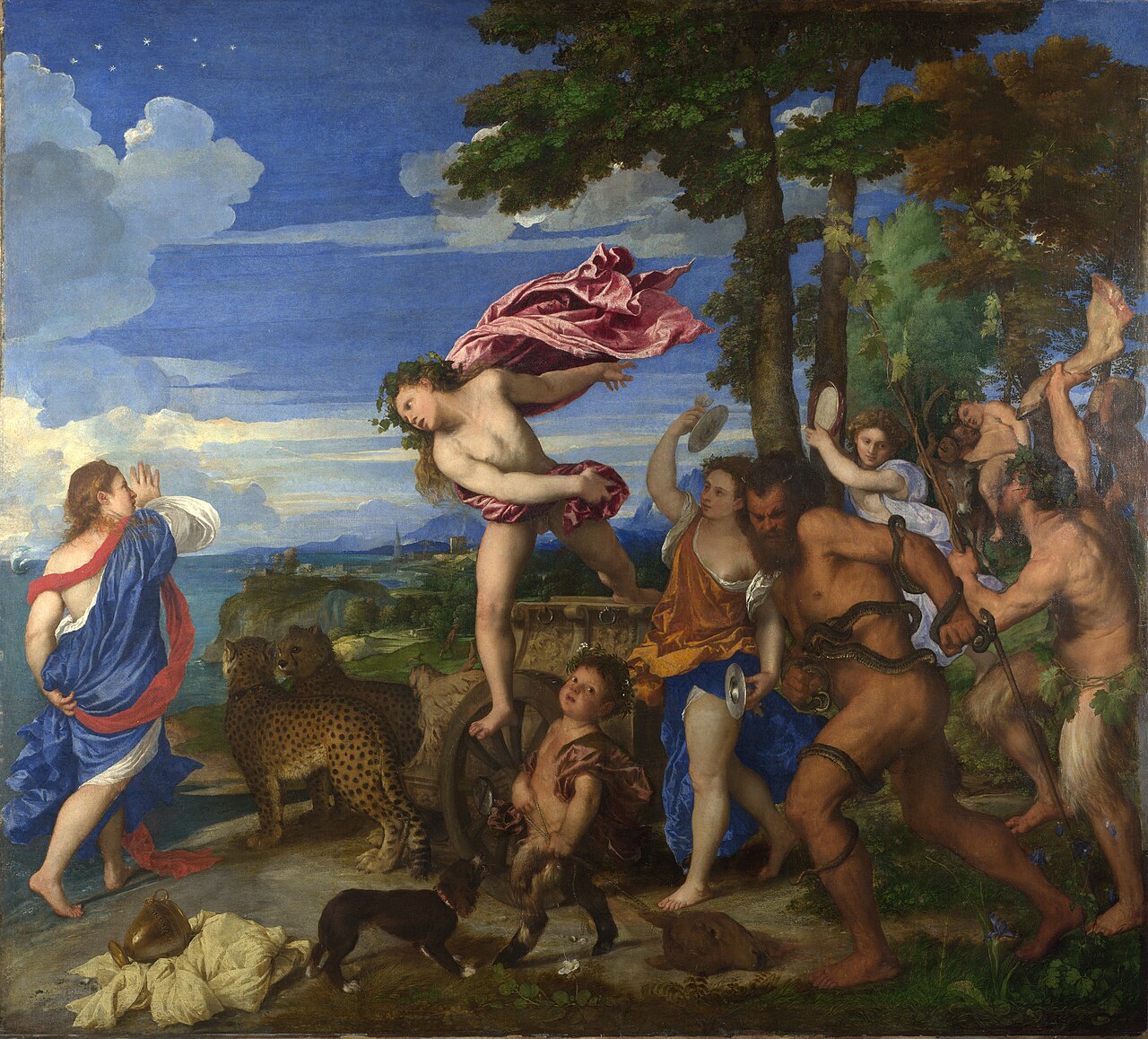 Baco y Ariadna — Tiziano, 1520-23 — uso del lapislázuli en óleo veneciano