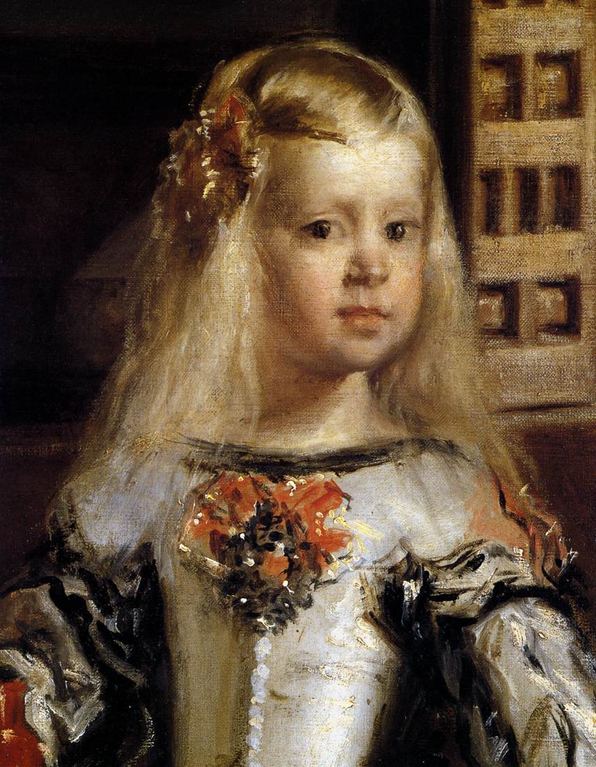 Detalle del rostro de la Infanta Margarita en Las Meninas — carnaciones de Velázquez