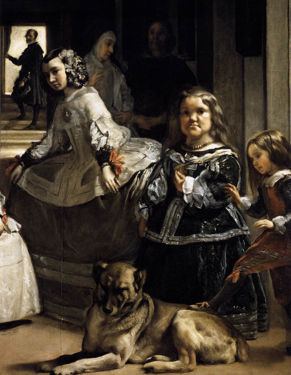 Detalle de los bufones y el perro en Las Meninas — zonas oscuras con negro de hueso