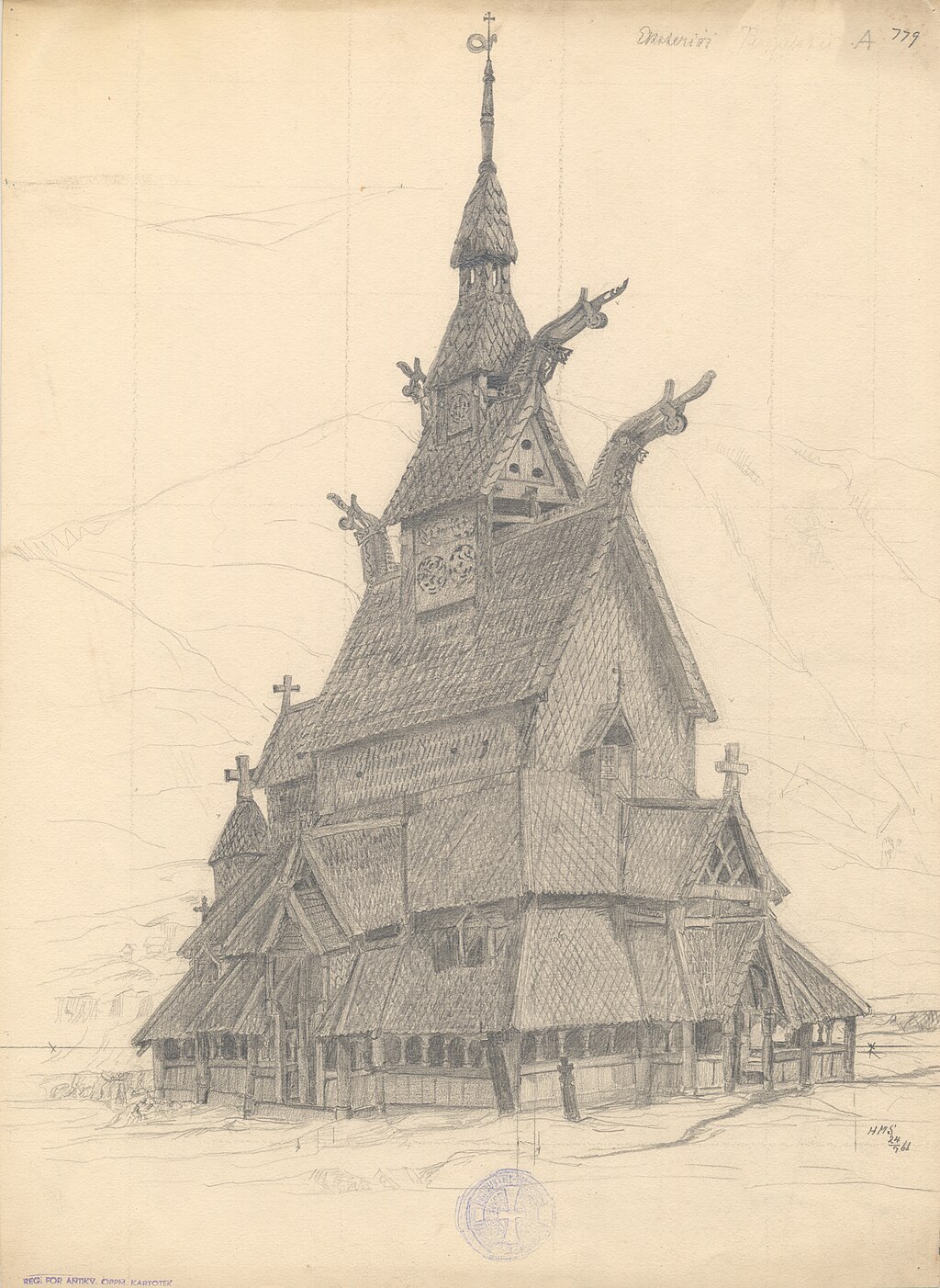Dibujo a lápiz de la iglesia de Borgund stavkyrkje, Noruega