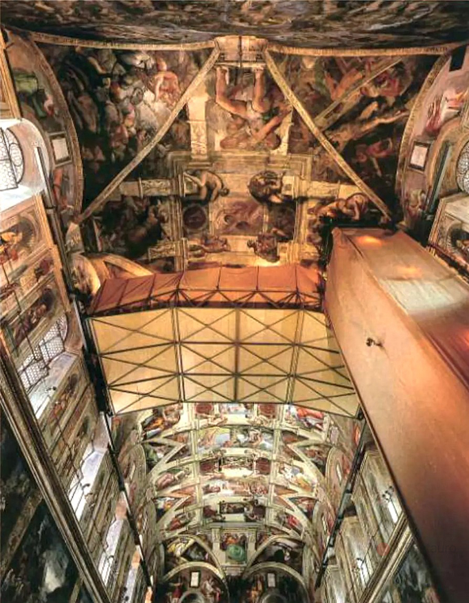 Detalle de la bóveda de la Capilla Sixtina durante la restauración