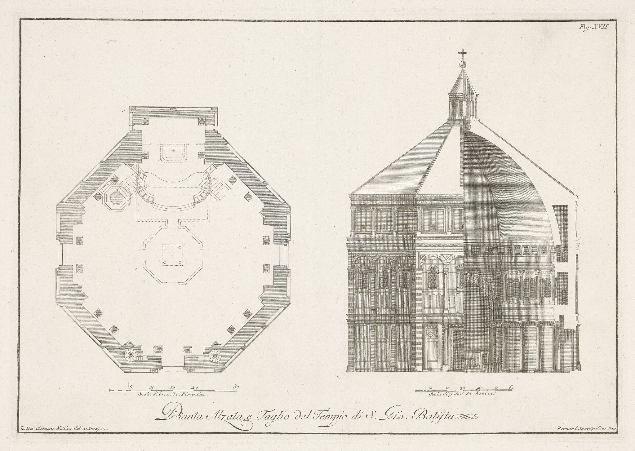 Planta, alzado y sección del Battistero, 1755